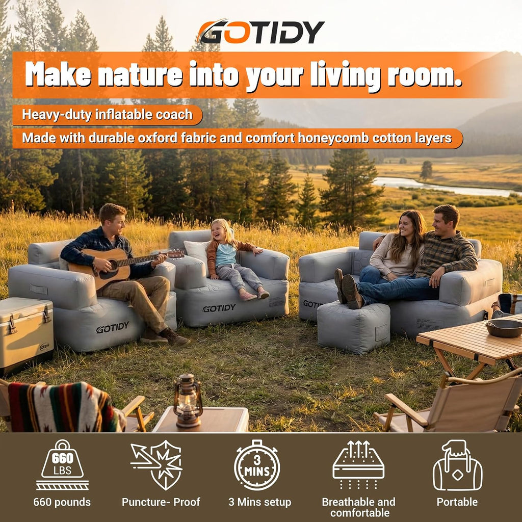 Inflatable Couch Loveseat with Footstool, Camping Couch with Detachable Built-in Pump, Inflatable Sofa with Breathable, Puncture-Resistant Fabric Texture Cover, Camping, Beach, Backyard Party