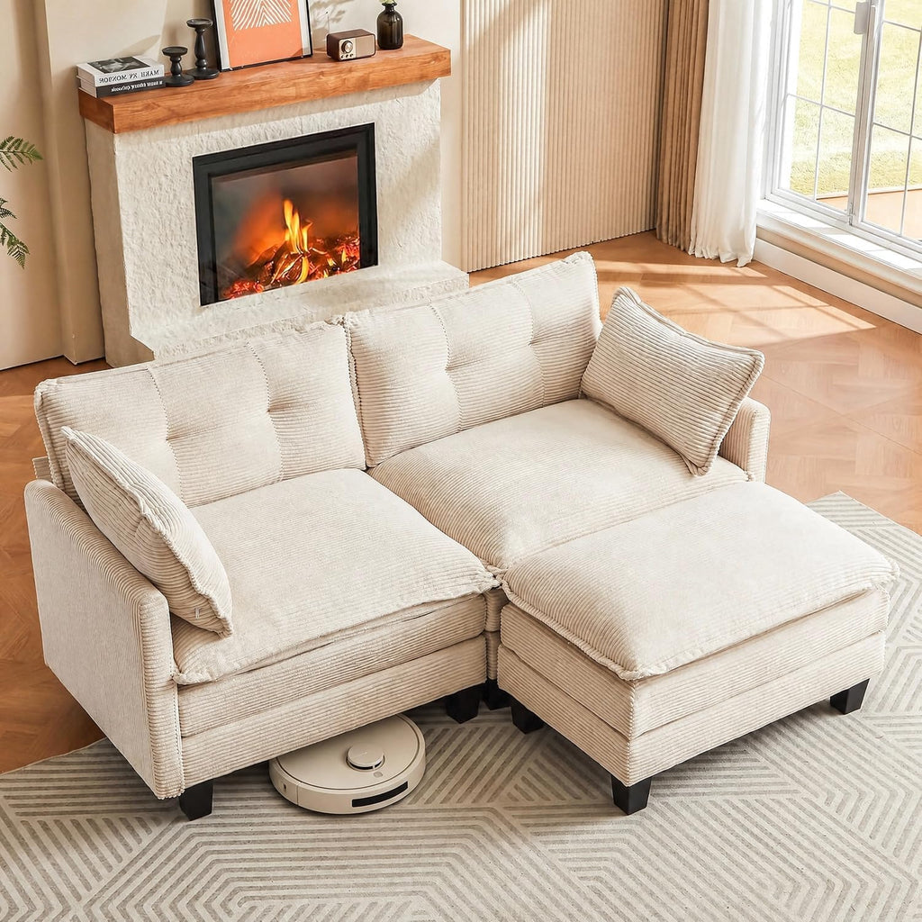Amsleekey 76.5" L-Shaped Modular Sectional Sofa, Beige Corduroy | Cloud Couch for Living Room, 2 Seater Deep Seat Convertible Sleeper Sofa with 1 Movable Ottomans and 2 Leg Height Options