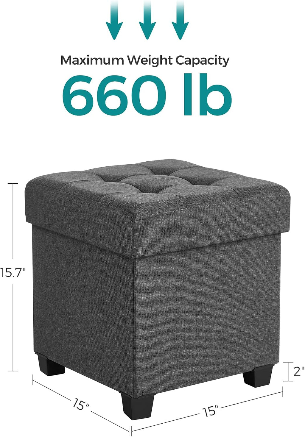 SONGMICS Storage Ottoman, Small Foot Rest, 15 x 15 x 15.7 Inches | Foot Stool with Legs, Load up to 661.4 lb, for Living Room, Bedroom, Dorm, Gray and Black, MELISA Collection ULSF014G01