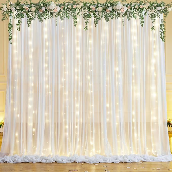 10x10ft White Sheer Backdrop Curtain with Lights String for Wedding, Fairy Light Up Curtain Backdrops for Baby Shower, Chiffon Photo Backdrop Drapes for Birthday Party Photo Shoot (5 x 10ft,2 Panels)