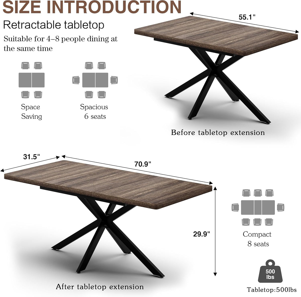 Extendable Dining Room Table for 4 6 8, 55"-70.9" Kitchen Table Rectangle Wood, Expandable Dining Table with Hidden Storage, Space Saving Farmhouse Kitchen Table for Kitchen Dining Living Room