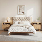 24" Curved Nightstand Set of 2,Night Stand with Charging Station & LED Light,Modern Fluted Bedside Table with 2 Drawers,Wooden End Table with Open Shelf for Bedroom,Natural