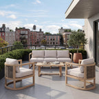 Merax 4 Piece Rattan Woven Paito Conversation Set, All-Weather Acacia Wood 3 Seater Sofa,2 Club Armchairs with Cushions, 1 Coffee Table for Porch, Lawn, Backyard, Balcony, Light Teak