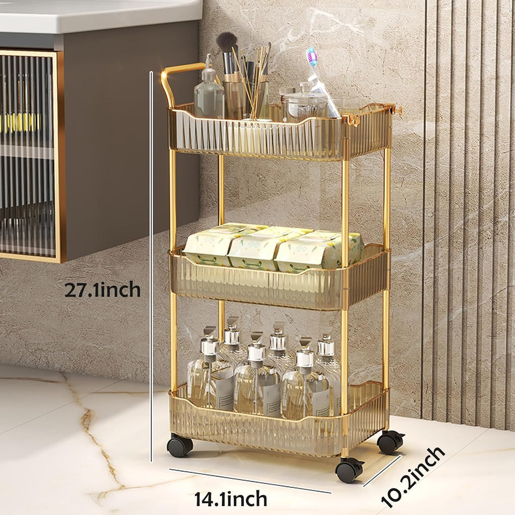 Acrylic Storage Trolley, Bathroom Kitchen Rolling Utility Cart Mobile Organization Shelves with Handle and Lockable Wheel(Gold,3 Tier)