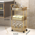 Acrylic Storage Trolley, Bathroom Kitchen Rolling Utility Cart Mobile Organization Shelves with Handle and Lockable Wheel(Gold,3 Tier)