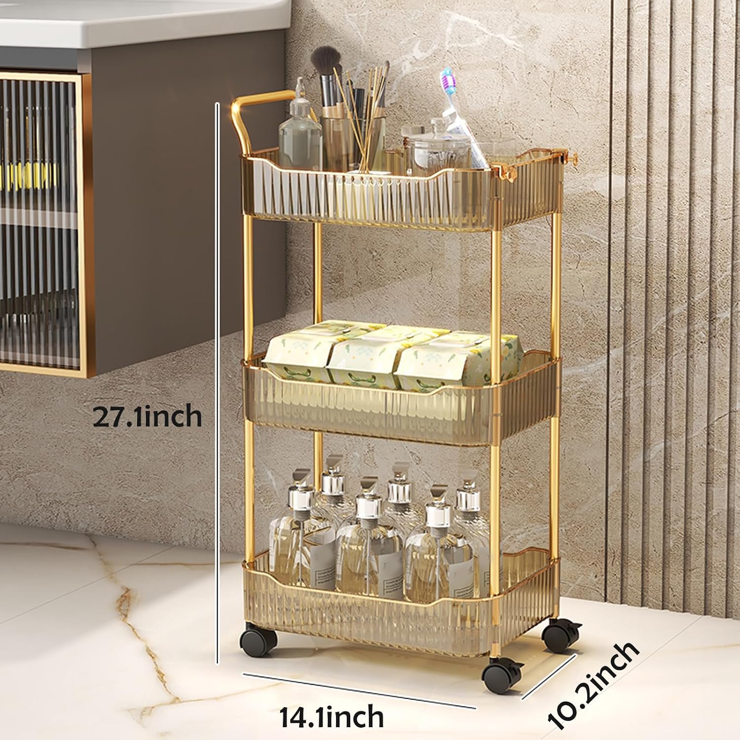 Acrylic Storage Trolley, Bathroom Kitchen Rolling Utility Cart Mobile Organization Shelves with Handle and Lockable Wheel(Gold,3 Tier)