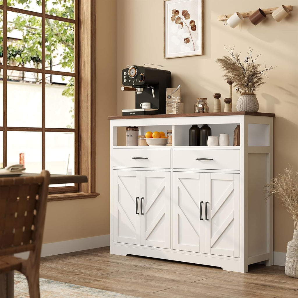 knoworld Buffet Sideboard with Storage Farmhouse with 4 Doors, 47'' Large Kitchen Storage Cabinet Wood Coffee Bar Cabinet Buffet Table with Shelves for Kitchen, Dining Room, Entryway