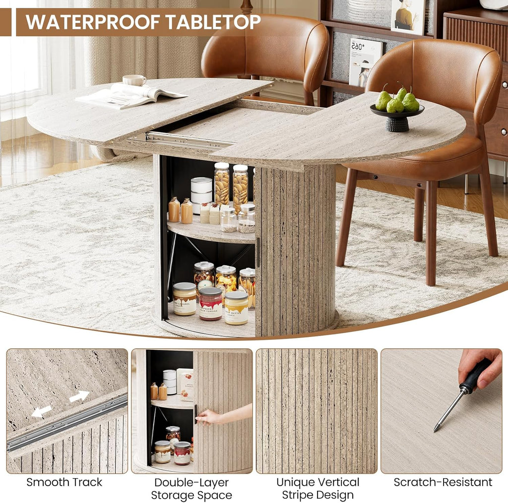 MALOL 47"-63" Extendable Round to Oval Dining Room Table Chairs Set for 4-8, Modern Wooden Kitchen Table and Chairs with Hidden Storage and Fluted Design for Dining Room/Small Space(White and Brown)