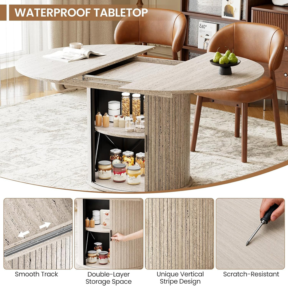MALOL 47"-63" Extendable Round to Oval Dining Room Table Chairs Set for 4-8, Modern Wooden Kitchen Table and Chairs with Hidden Storage and Fluted Design for Dining Room/Small Space(White and Brown)