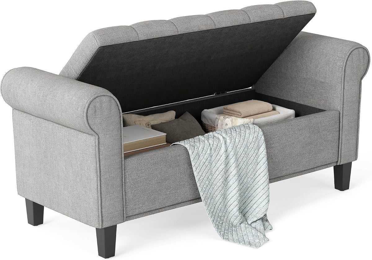 HOMCOM 50" Storage Ottoman Bench Button Tufted End of Bed Bench Gray | Upholstered, Rolled Arms, Wood Legs, Safety Hinges, for Living Room, Entryway, Bedroom
