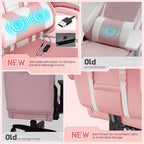 Yaheetech Gaming Chair with Footrest Massage Lumbar Pillow Pink and White | Foam-padded PU leather racing seat and plush headrest recline with a slide-out footrest; metal frame supports up to 300 lb.