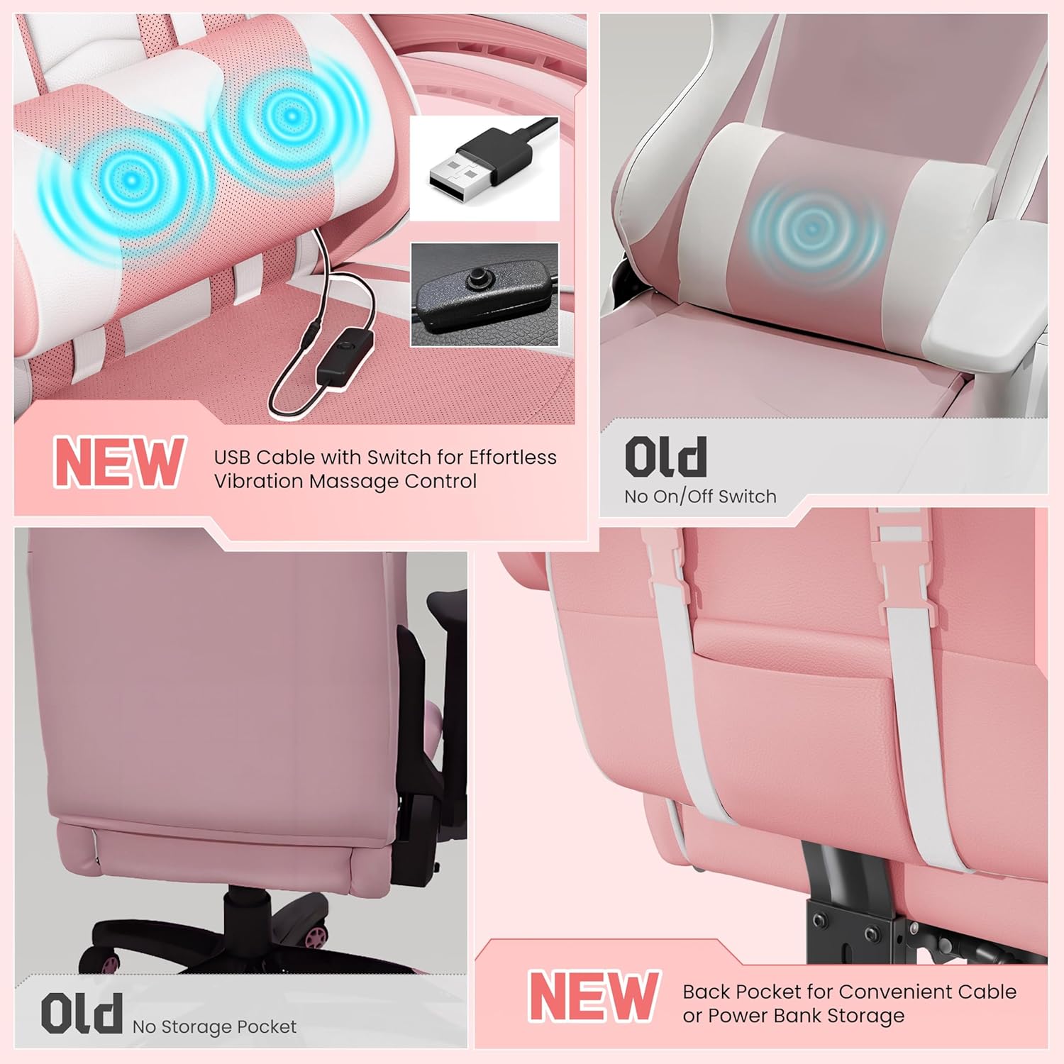 Yaheetech Gaming Chair with Footrest Massage Lumbar Pillow Pink and White | Foam-padded PU leather racing seat and plush headrest recline with a slide-out footrest; metal frame supports up to 300 lb.