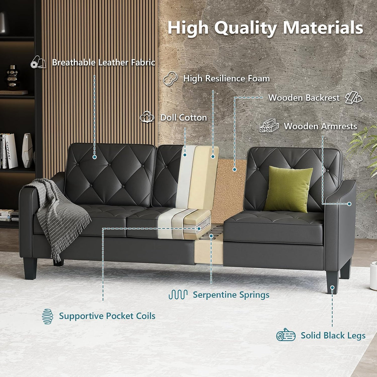 83" Black Faux Leather 3 Seater Couch, Mid Century Tufted Sofa Living Room | STHOUYN Office Couch, Tufted Design, High Resilience Foam, 700 lb Capacity, Easy Assembly, Waiting Room Area, Small Couches