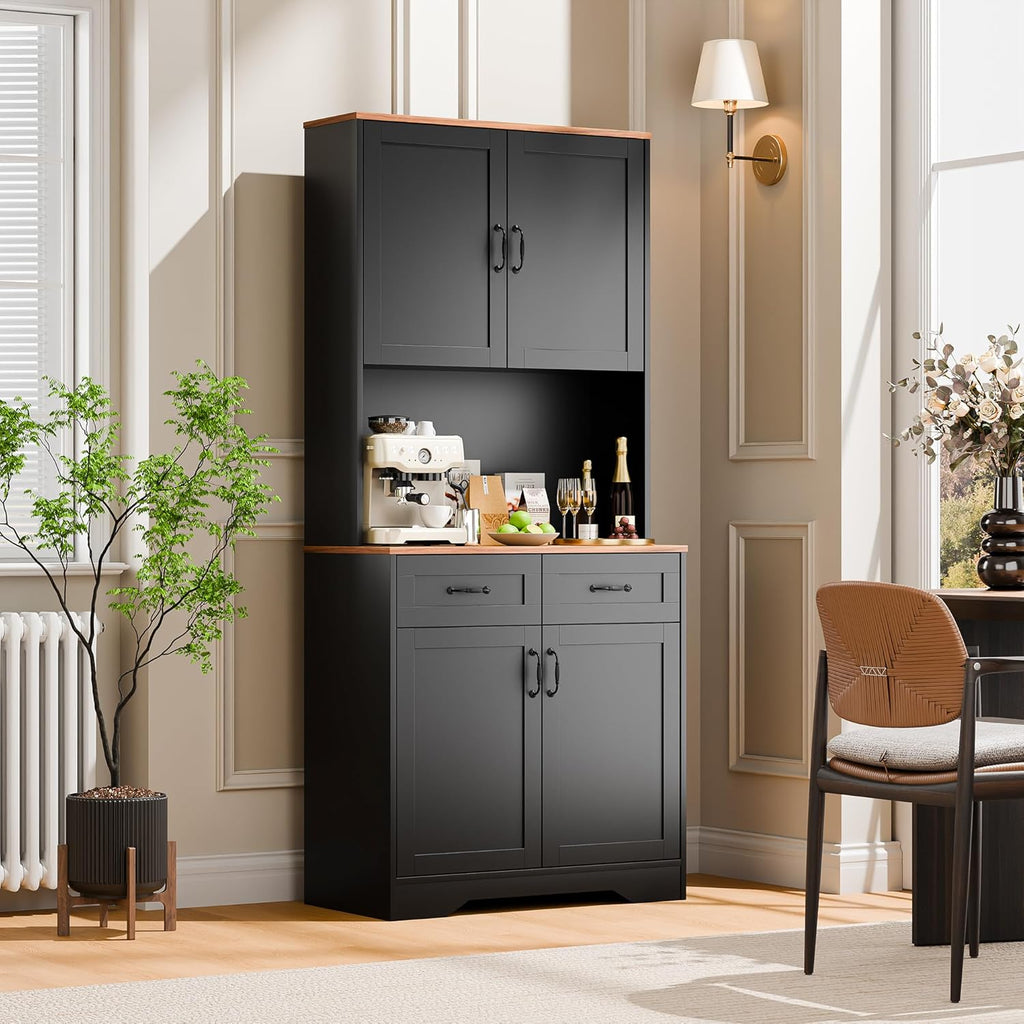Cozy Castle Pantry Cabinet, Farmhouse Kitchen Hutch Cabinet with Storage Drawers Freestanding Coffee Bar Liquor Sideboard Large Countertop Cupboard for Dining Room, Living Room, 71'' Tall Black