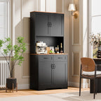 Cozy Castle Pantry Cabinet, Farmhouse Kitchen Hutch Cabinet with Storage Drawers Freestanding Coffee Bar Liquor Sideboard Large Countertop Cupboard for Dining Room, Living Room, 71'' Tall Black