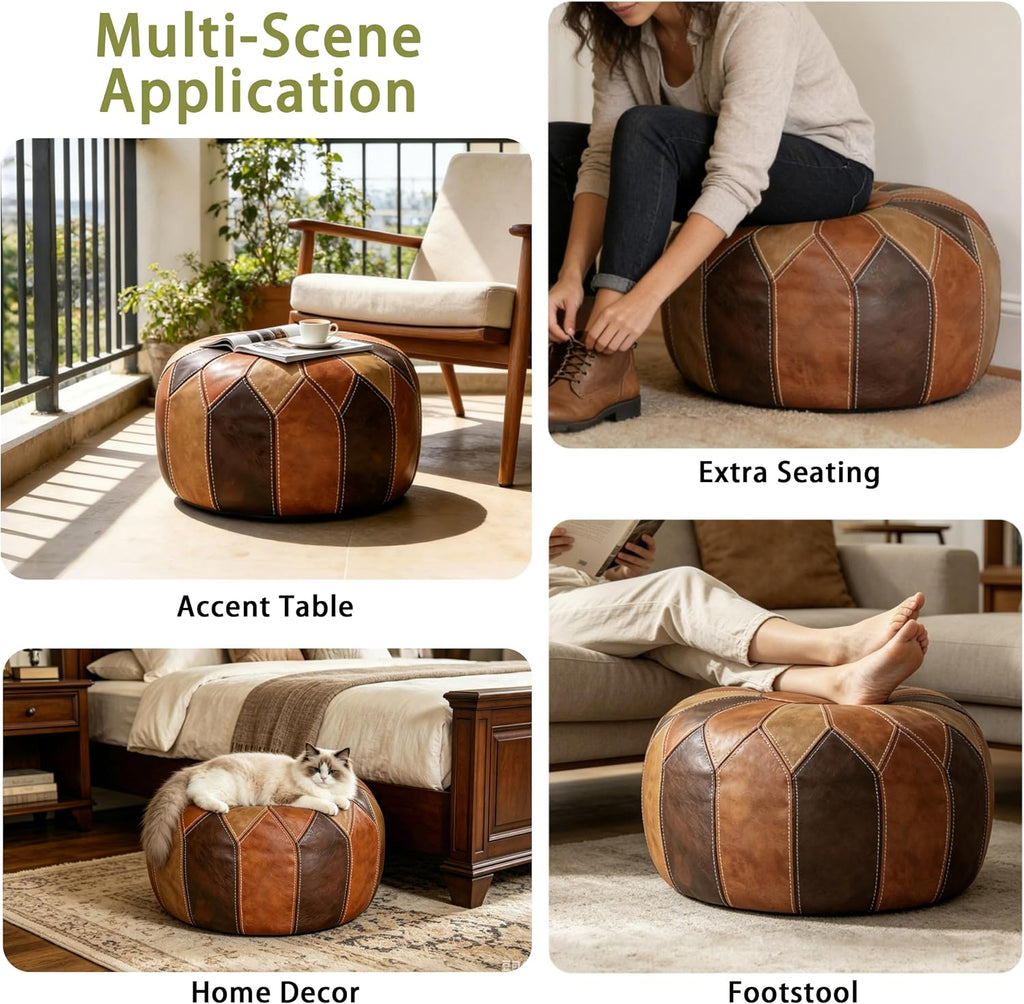 Thgonwid Round Unstuffed Pouf Cover, Faux Leather Storage Ottoman, Boho Moroccan Foot Stool, Multi-Purpose Home Decor for Living Room, Bedroom and Balcony, Retro Moroccan Color, No Filling Included