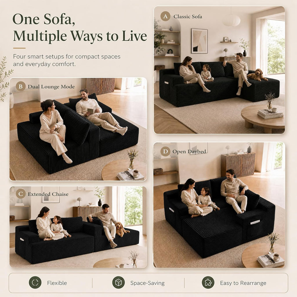Couch Comfy Sectional Couches for Living Room,U Shaped Modular Cloud Couch Sofa, Minimalist Modular Sectional Sofa with Deep Seat (Black, 96" L Shaped with Right Facing Chaise)