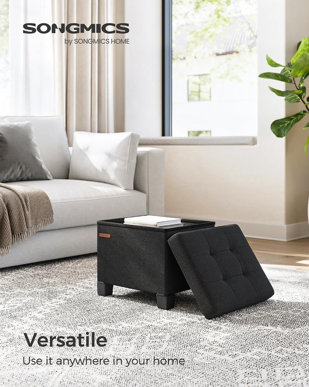 SONGMICS Storage Ottoman, Small Ottoman Foot Rest with Legs, 12.6 x 15.7 x 13.2 Inches Foot Stool, Load up to 660 lb, for Living Room, Bedroom, Dorm, Ink Black ULSF012B01