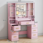 BORNOON Vanity Desk with Mirror and Lights, Makeup Vanity with 7 Drawers, 2 Glass Door Cabinets, Charging Station, Adjustable Shelves, RGB Lighting, Holder