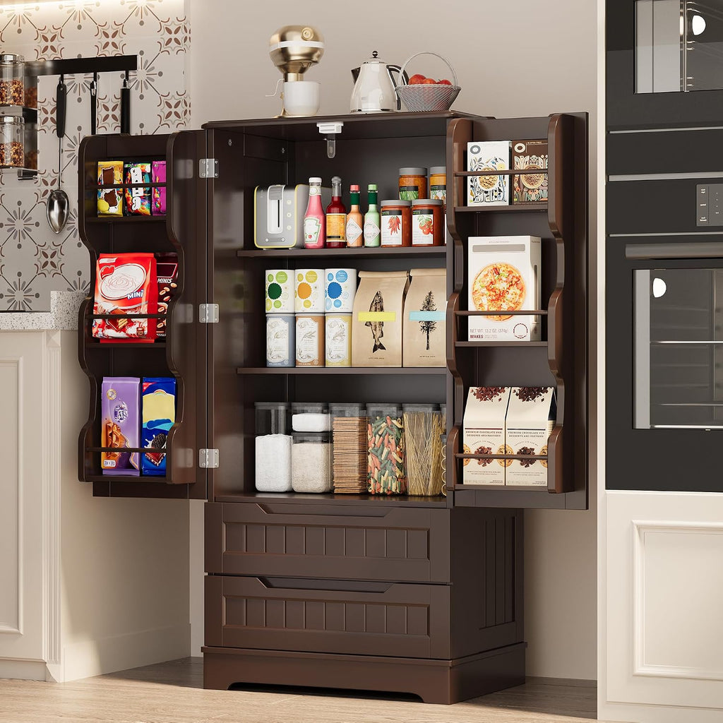 Gizoon 47'' Kitchen Pantry Cabinet with Drawers for Dining Room, Dark Brown | Small Food Pantry Storage Cabinet with 6 Door Shelves for Snacks and Spices, Craft Storage Cabinet for Craft Room