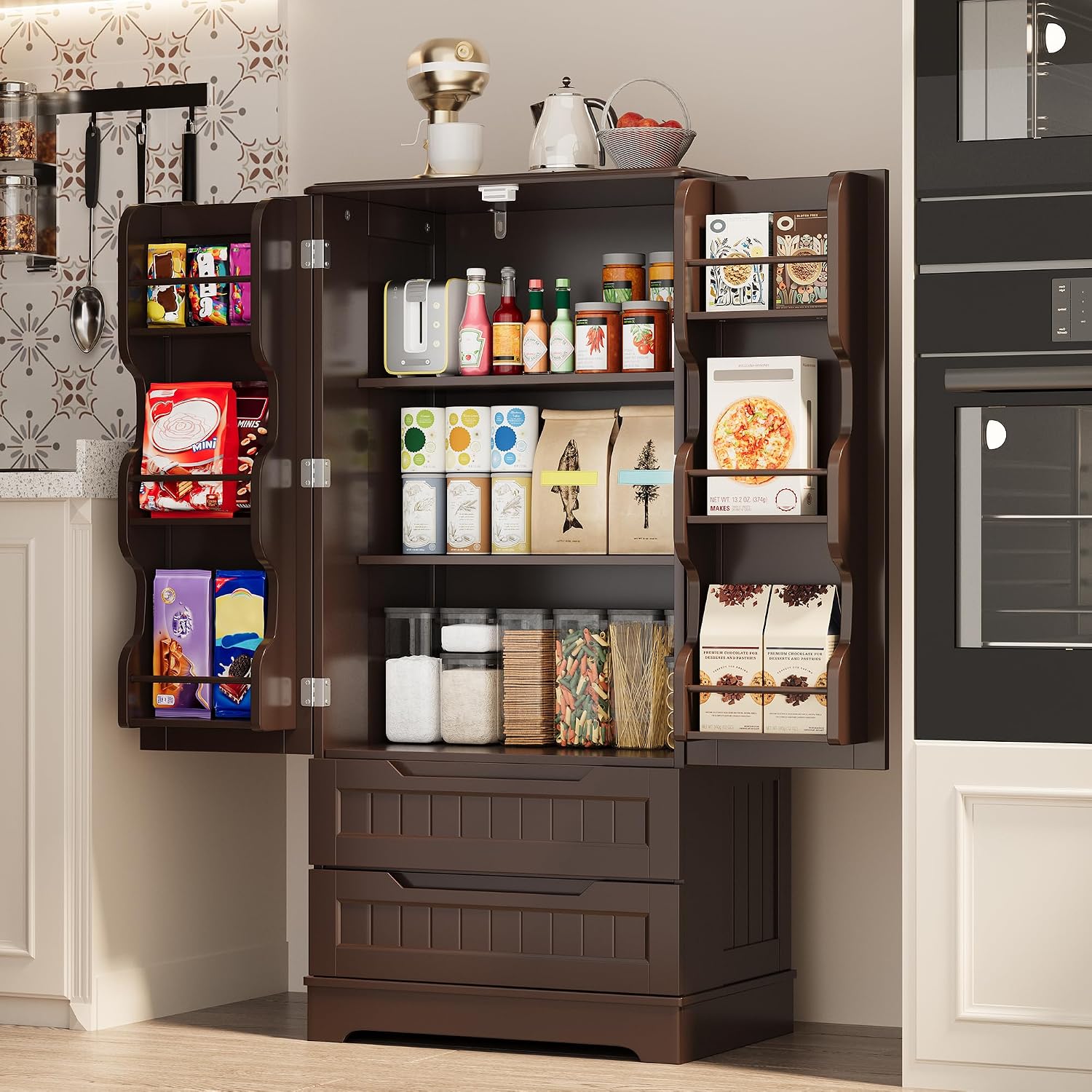 Gizoon 47'' Kitchen Pantry Cabinet with Drawers for Dining Room, Dark Brown | Small Food Pantry Storage Cabinet with 6 Door Shelves for Snacks and Spices, Craft Storage Cabinet for Craft Room