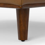 SIMPLIHOME Morrison 49" Wide Genuine Leather Rectangle Ottoman in Caramel | Caramel brown, mid-century modern ottoman with a cushioned top for extra seating, coffee table or footrest.