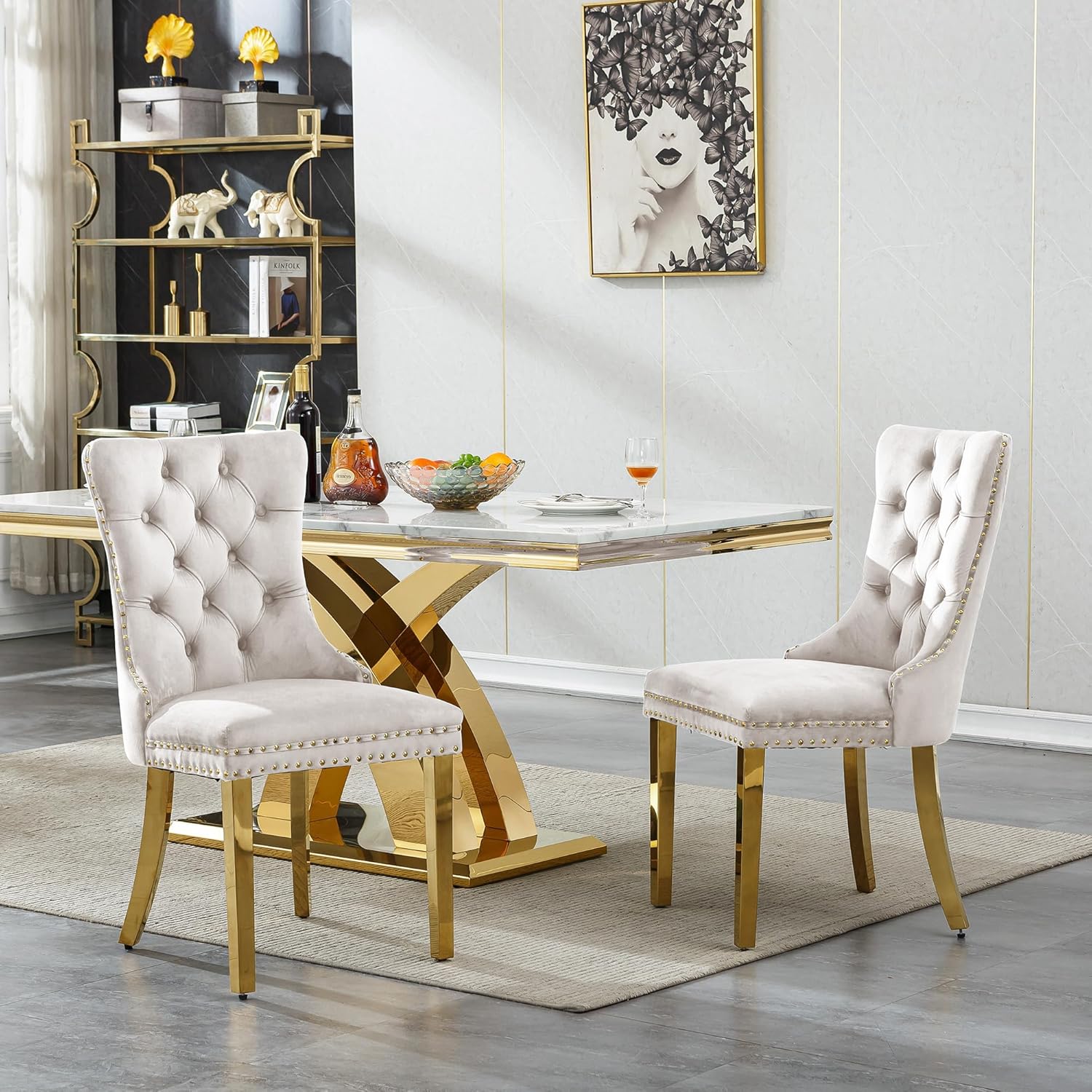 Luxury 7 Piece Dining Set, Modern 68.11" Faux Marble Dining Table with 6 Beige Velvet Dining Chairs, White Kitchen Table Set with Gold Stainless Steel Base, Rectangle Dining Room Table and Chairs Set