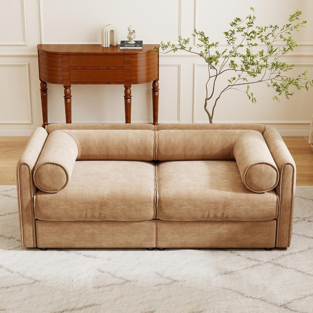 Oversized Modular Sectional Sofa with Storage Seat, 75.5" Chenille Lovseat Sofa with Cylindrical Backrest & Armrest, Modern Comfy 2-Seat Sofa Upholstered Deep Seat Couch for Living Room, Camel