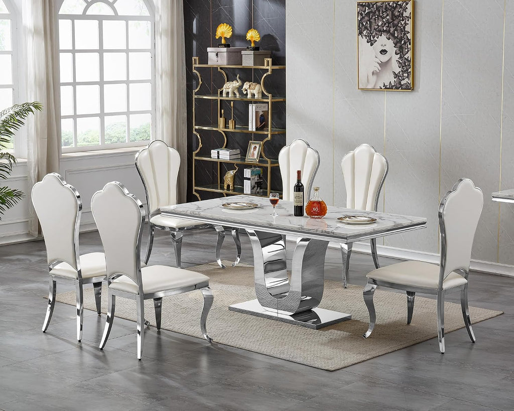 Faux Marble Dining Table for 4 to 6, 68 inch Luxury Dining Room Table with White Faux Marble Top & Silver Stainless Steel U Base, Modern Rectangle Dinner Table for Kitchen Living Dining Room Apartment