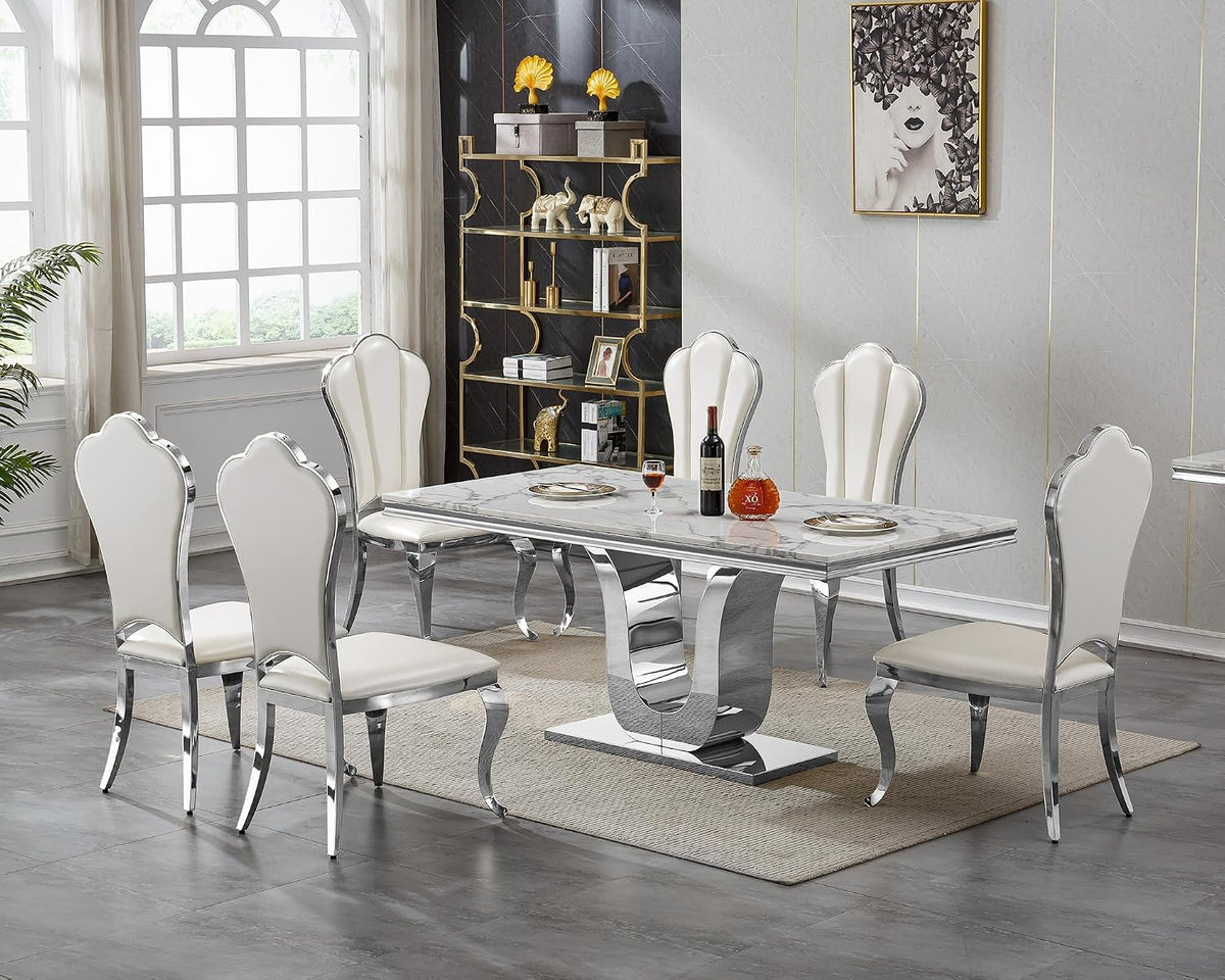 Faux Marble Dining Table for 4 to 6, 68 inch Luxury Dining Room Table with White Faux Marble Top & Silver Stainless Steel U Base, Modern Rectangle Dinner Table for Kitchen Living Dining Room Apartment