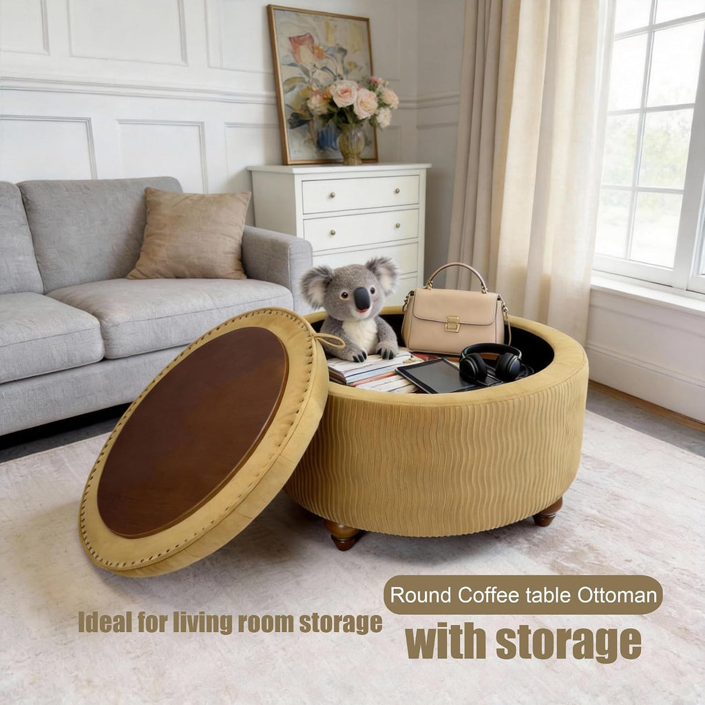 modscape 30" Velvet Round Storage Ottoman Coffee Table with Lift-Off Lid | Modern upholstered ottoman works as coffee table, footrest and extra seat. Large hidden storage for living room, bedroom.