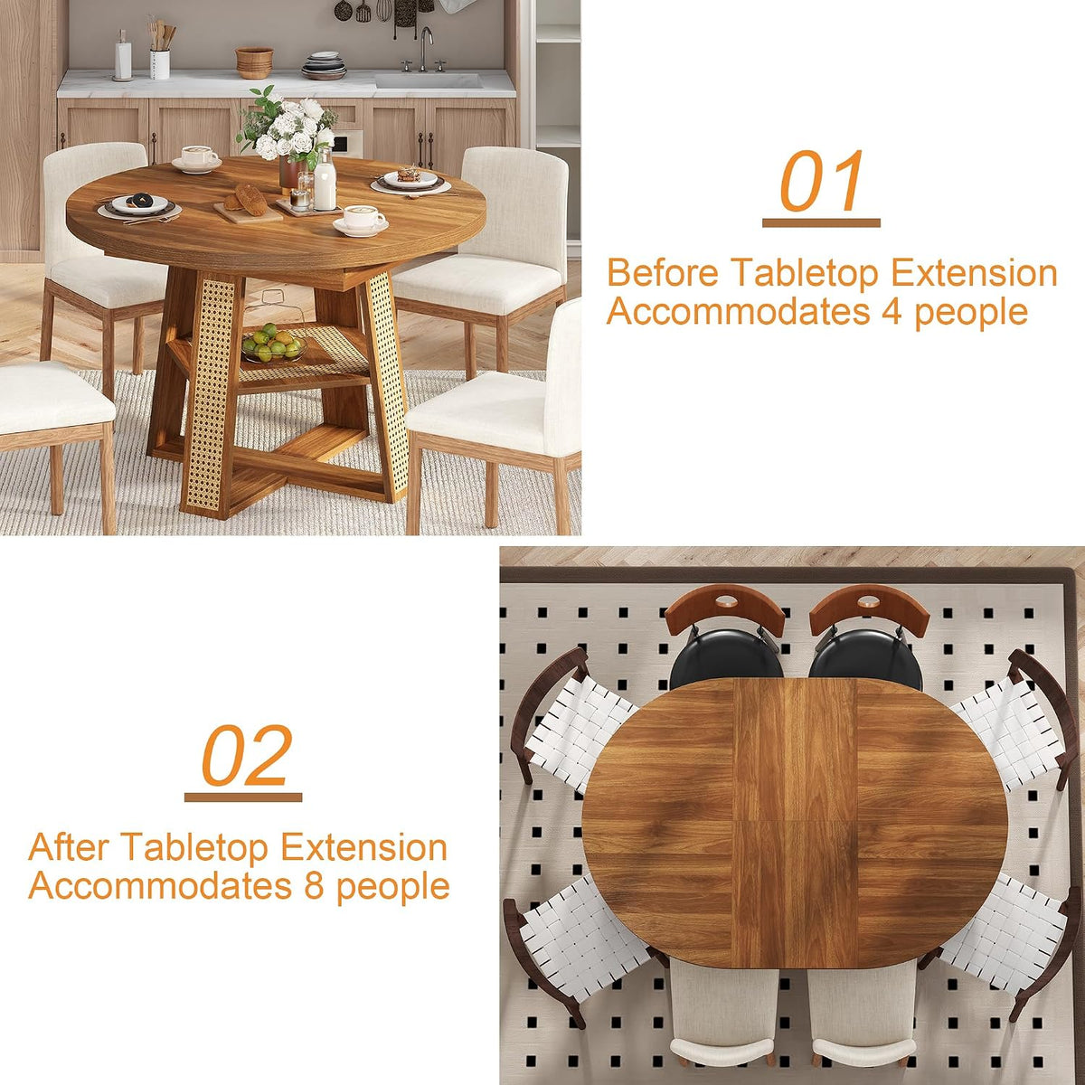 43"-59" Extendable Round Dining Table for 4-8, Transformer Oval Modern Kitchen Table with Removable Leaves Space Saving, Wood Dining Room Table with Storage Shelf for Kitchen, Walnut, Cross Leg