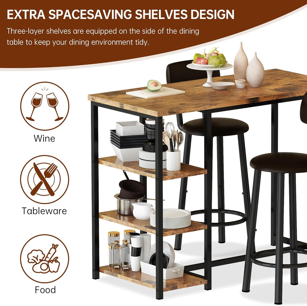 Recaceik Pub Dining Table Set for 2, Table and Bar Stools with 3 Storage Shelves, MDF Board & PU Leather Backrest Chairs, 3 Piece Dining Set for Small Space, Apartment, Kitchen Island, Brown