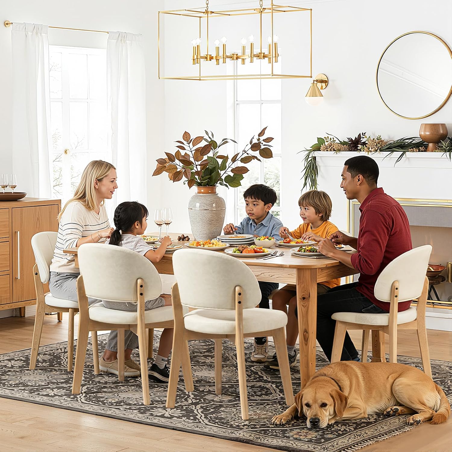 Modern Fabric Upholstered Dining Chairs Set of 4, Farmhouse Curved Back Armless Accent Chairs with Solid Oak Wood Legs, Walnut Kitchen Side Chairs for Dining Room, Bedroom/Restaurant, Black