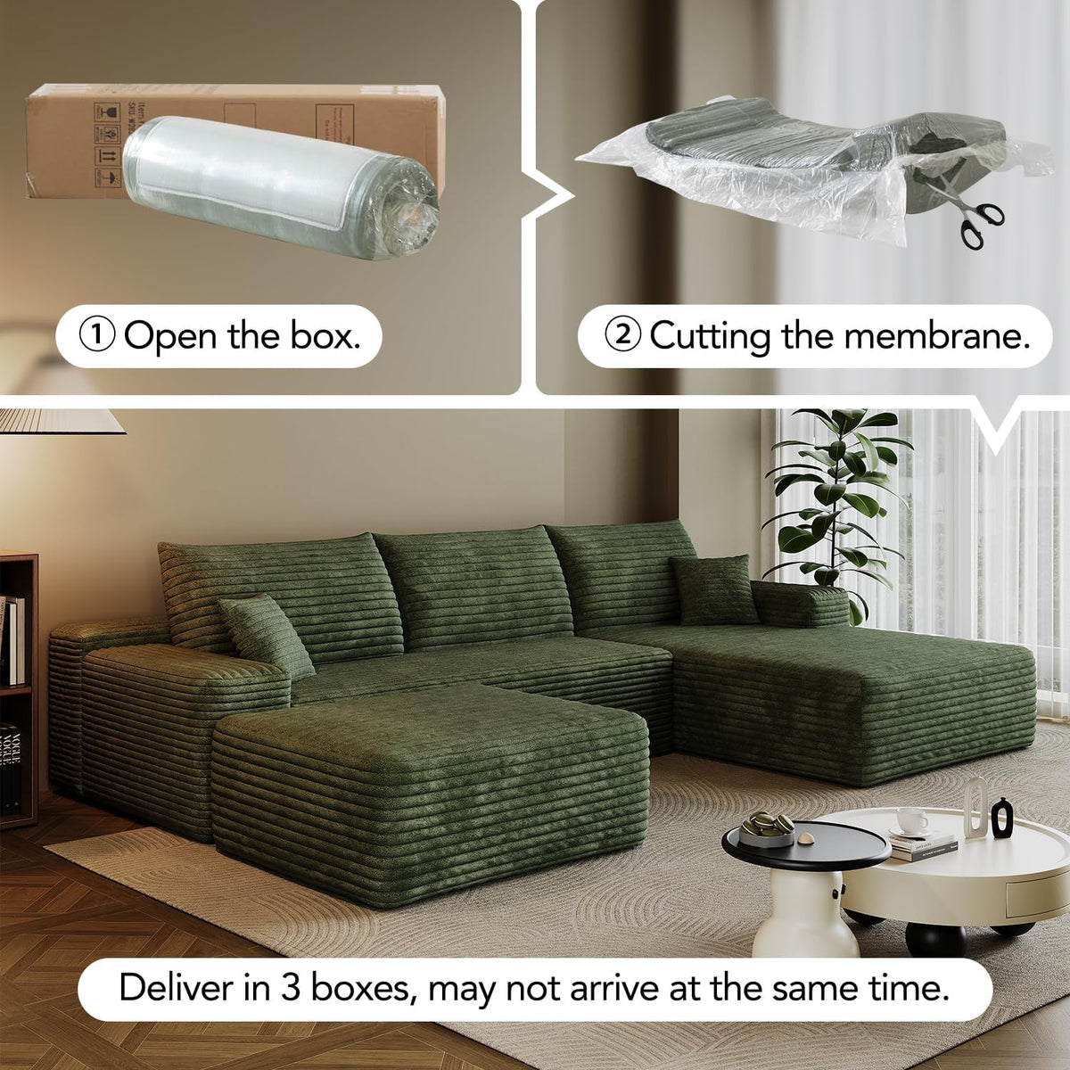 107.7" Sectional Couch Modern Modular U - Shape Corduroy Upholstered Sofa for Living Room - Deep Seat with Chaise and Ottoman(Green, 2 Seater+Right Facing Chaise+Ottoman)