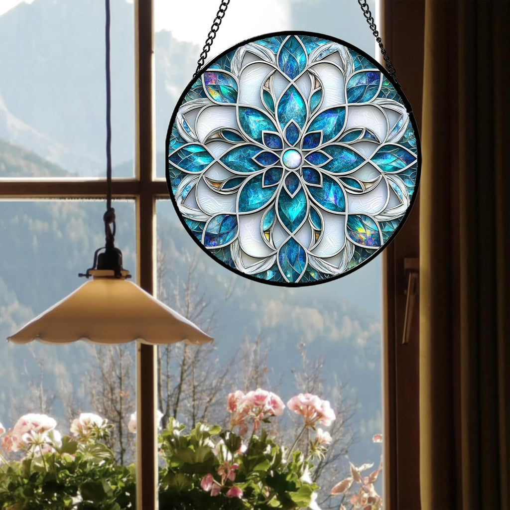 Stained Glass Window Hanging - Blue White Abstract Flowers Suncatcher for Door Terrace Garden Home Decor Boho Sun Catcher Birthday Gifts for Lovers Women Men Dad Mom Nana 11.8 in