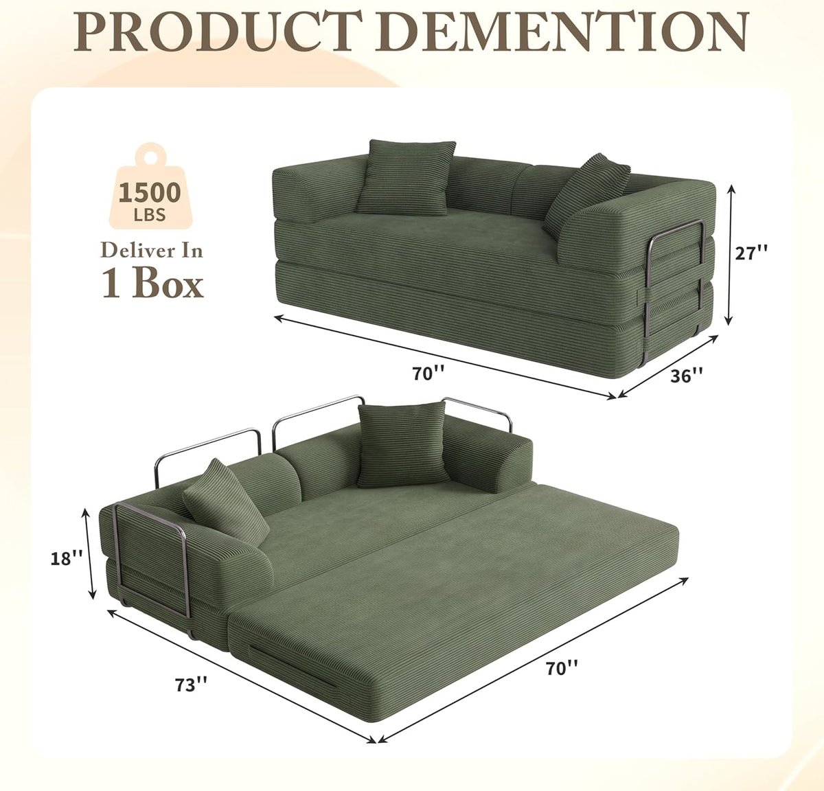 Cloud Couch Futon Sofa Bed, 5-in-1 Convertible Sofa Bed Pull Out Couch Sleeper Sofa Compressed Loveseat, 70" High-Density Sponge & Corduroy Fabric Futon Daybed for Living Room Bedroom(Green)