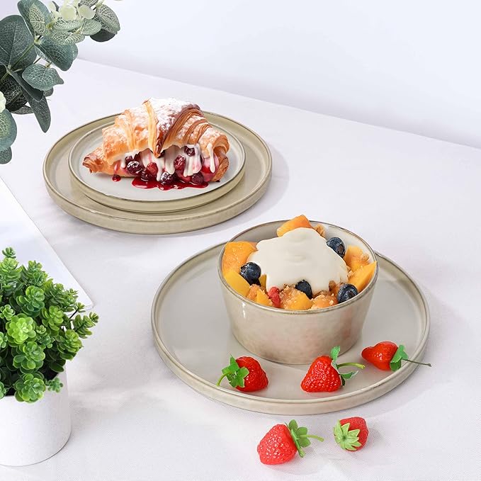 Herogo 18 Pieces Dinnerware Set Service for 6, Dinner Plates and Bowls Sets, Reactive Glaze Stoneware Dishes for Kitchen, Chip and Crack Resistant, Microwave & Dishwasher Safe, Cream Khaki