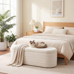 Teddy Sherpa Storage Ottoman Bench End of Bed, White | Modern Boucle, Oval Design, Safety Hinge Lid, Hidden Storage, Window Seat, Living Room, Bedroom, Entryway, No Assembly