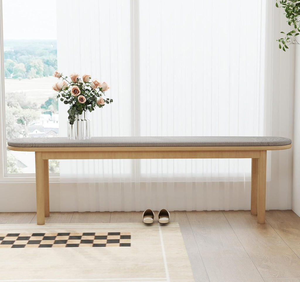 63" Dining Bench Rubber Wood for 6-8 Person,Bedroom Bench,Window Bench,Entryway Bench,Upholstered Bench,with Padded Seat and Solid Wood Leg for Kitchen,Indoor and Hallway,Beige, 63in.