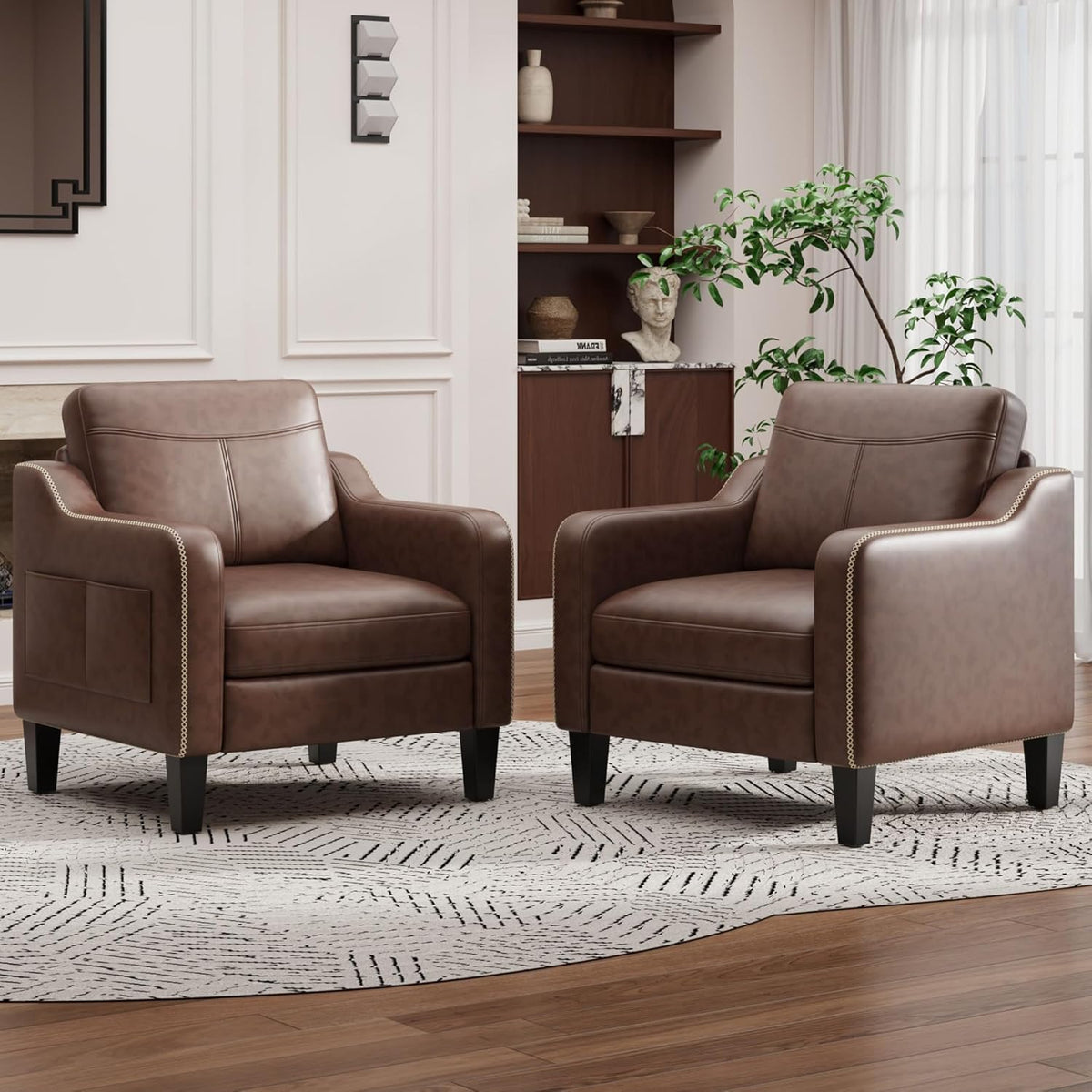 MALOL PU Leather Accent Chair Set of 2, Mid-Century Modern Living Room Armchair Sofa with Removable Cushions & Stitched Armrest Design, Bedroom Chair with Plastic Legs, Chocolate Brown