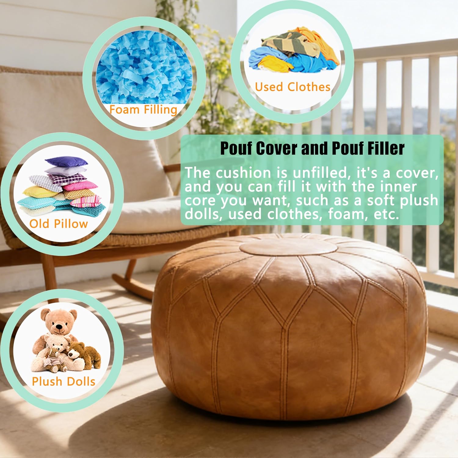 Thgonwid Unstuffed Moroccan Faux Leather Pouf Ottoman Cover with Storage - Boho Chic Multi-Use Footrest for Living Room, Bedroom, Patio - Round Ethnic Floor Cushion & Decorative Accent, Khaki