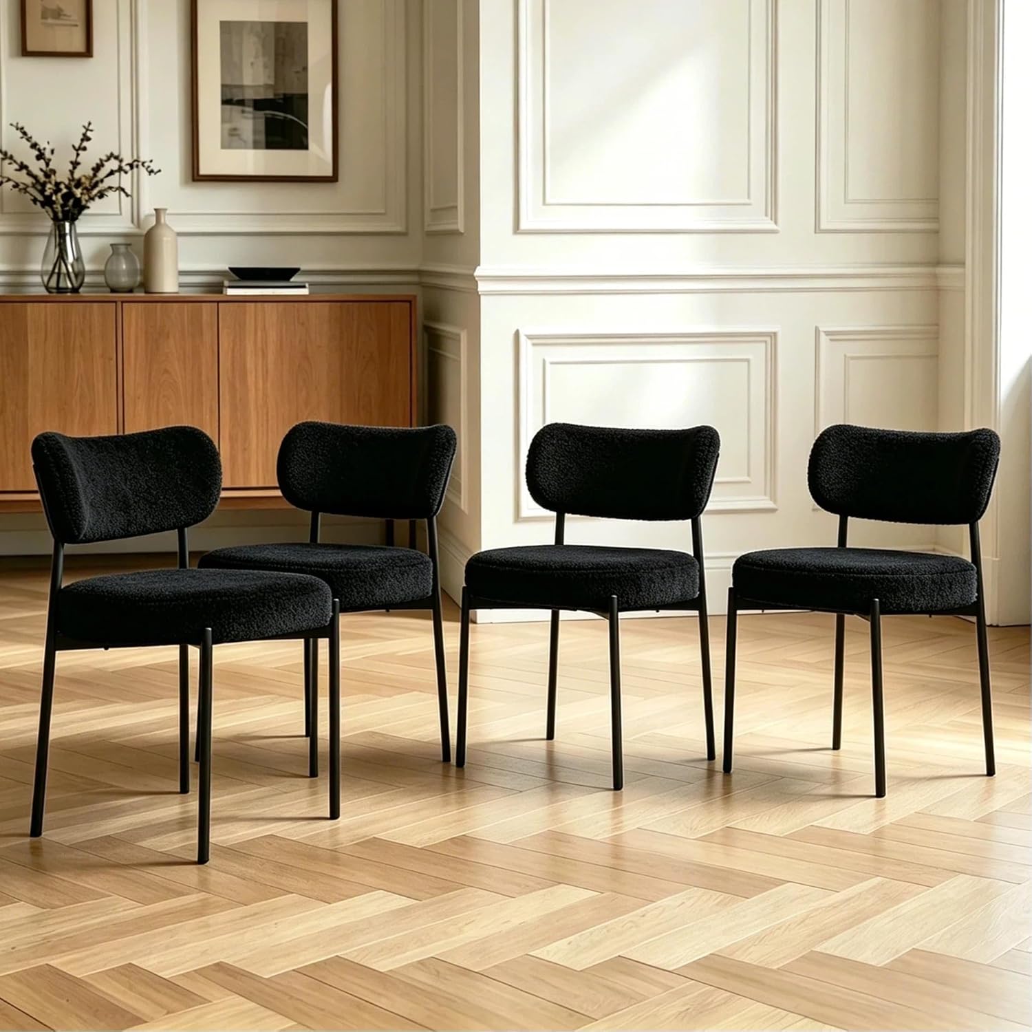 Boucle Dining Chair Set of 2, Mid Century Modern Upholstered Kitchen Chairs with Curved Backrest & Black Metal Legs, Round Dining Room Chairs, Black