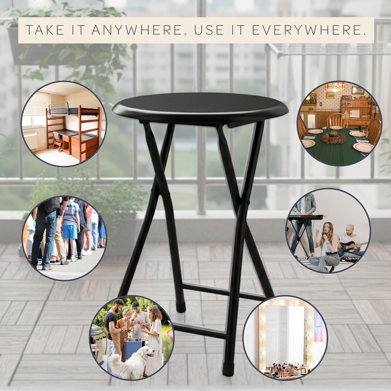 Folding Stool - Backless 18-Inch Stool with 225lb Capacity for Kitchen or Rec Room - Portable Indoor Counter Bar Stools by Lavish Home (Black)