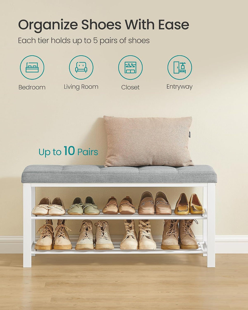 SONGMICS Shoe Bench, Storage Bench, Entryway Bench with Cushion | Shoe Shelf with Seat, Space-Saving, Modern Style, 39.4"W, Dove Gray and Cloud White ULBS579W01