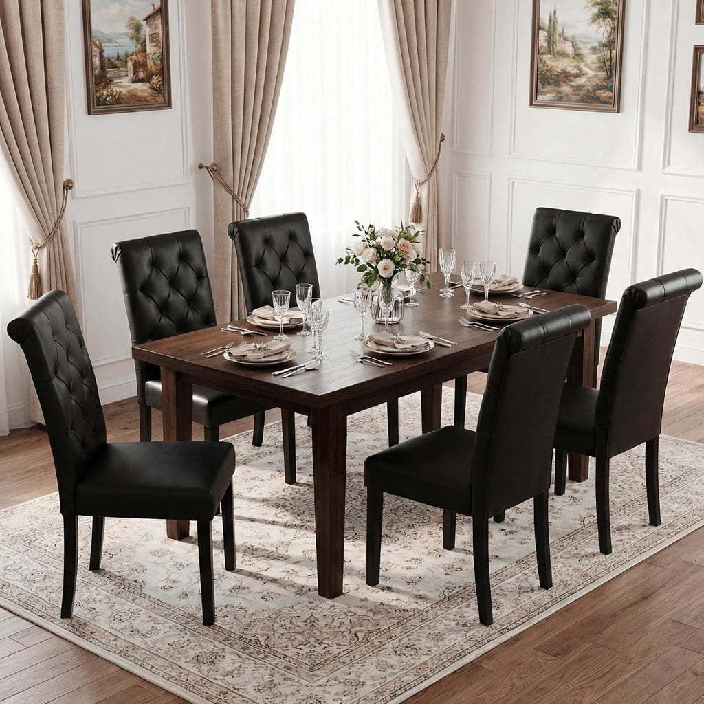 LSSBOUGHT Upholstered Dining Chairs Set of 6,Tufted Parsons Kitchen Chair with Solid Wood Legs, Modern PU Leather Side Chair for Dining Room/Restaurant(6pcs,Black)