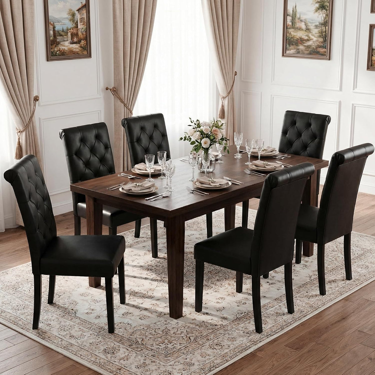 LSSBOUGHT Upholstered Dining Chairs Set of 6,Tufted Parsons Kitchen Chair with Solid Wood Legs, Modern PU Leather Side Chair for Dining Room/Restaurant(6pcs,Black)