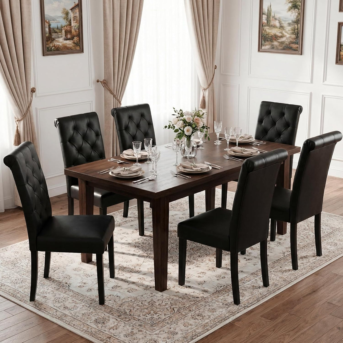 LSSBOUGHT Upholstered Dining Chairs Set of 4,Tufted Parsons Kitchen Chair with Solid Wood Legs, Modern PU Leather Side Chair for Dining Room/Restaurant(4pcs,Black)