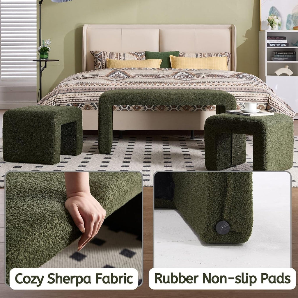 LukeAlon 3-Piece Nesting Ottoman Bench Set, 40.5" Wide Upholstered End of Bed Bench with 2 Small Stools Sherpa Comfy Entry Bench Vanity Stools Modern Arched Bench for Living Room Bedroom, Green