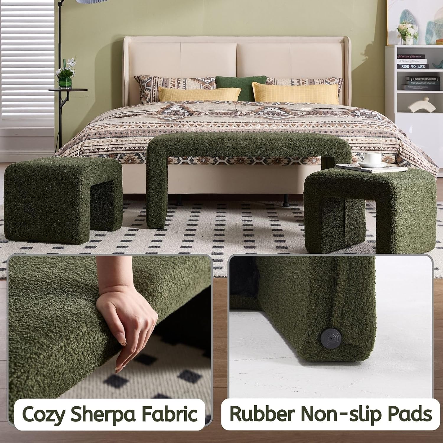 LukeAlon 3-Piece Nesting Ottoman Bench Set, 40.5" Wide Upholstered End of Bed Bench with 2 Small Stools Sherpa Comfy Entry Bench Vanity Stools Modern Arched Bench for Living Room Bedroom, Green
